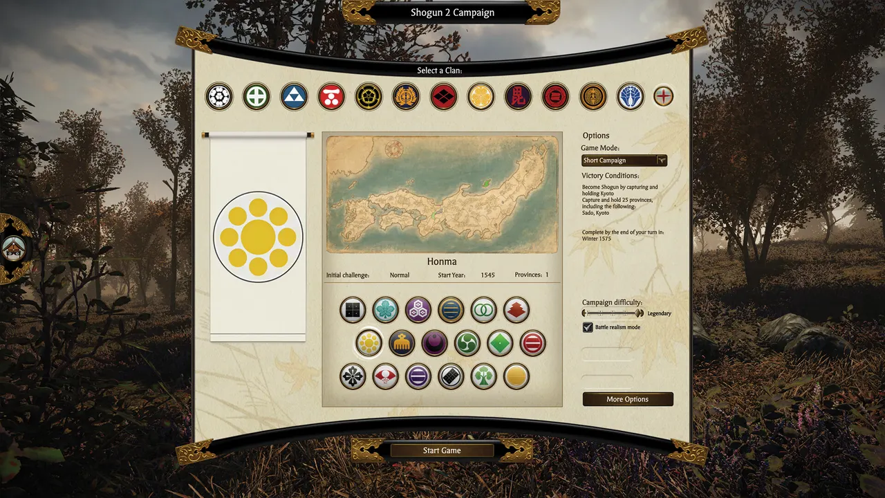 Clan selection screen showing the newly playable Honma minor faction